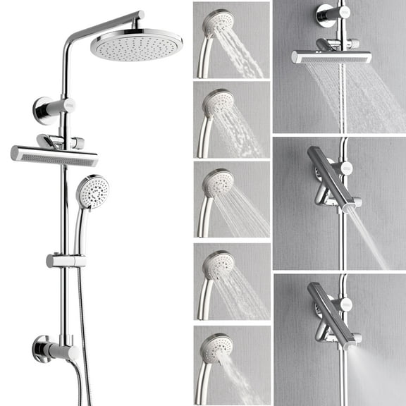 FORNO ACQUA Shower System 9-in Shower Head, 5-Mode Handheld & 3-Mode Waterfall Body Jet. Polished Chrome, 1.8 GPM