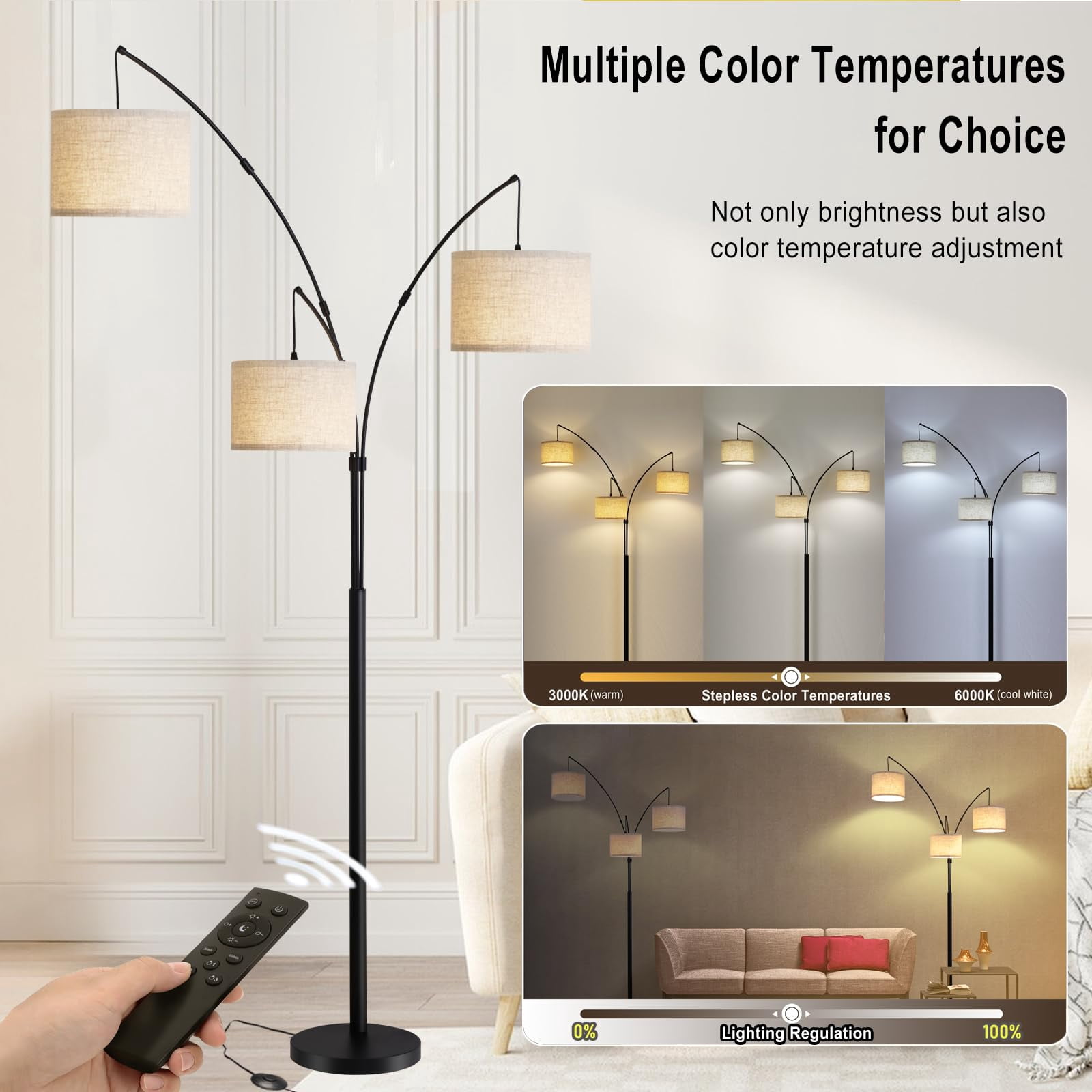 Lambaloom 3-Light Modern Remote Control Black Arched Floor Lamp with Beige/Grey Drum