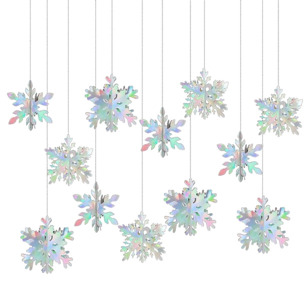 FINGOOO Lot de 12 décorations 3D en forme de flocon de neige à suspendre avec ficelle pour Noël, hiver, vacances, Nouvel An, fournitures de maison