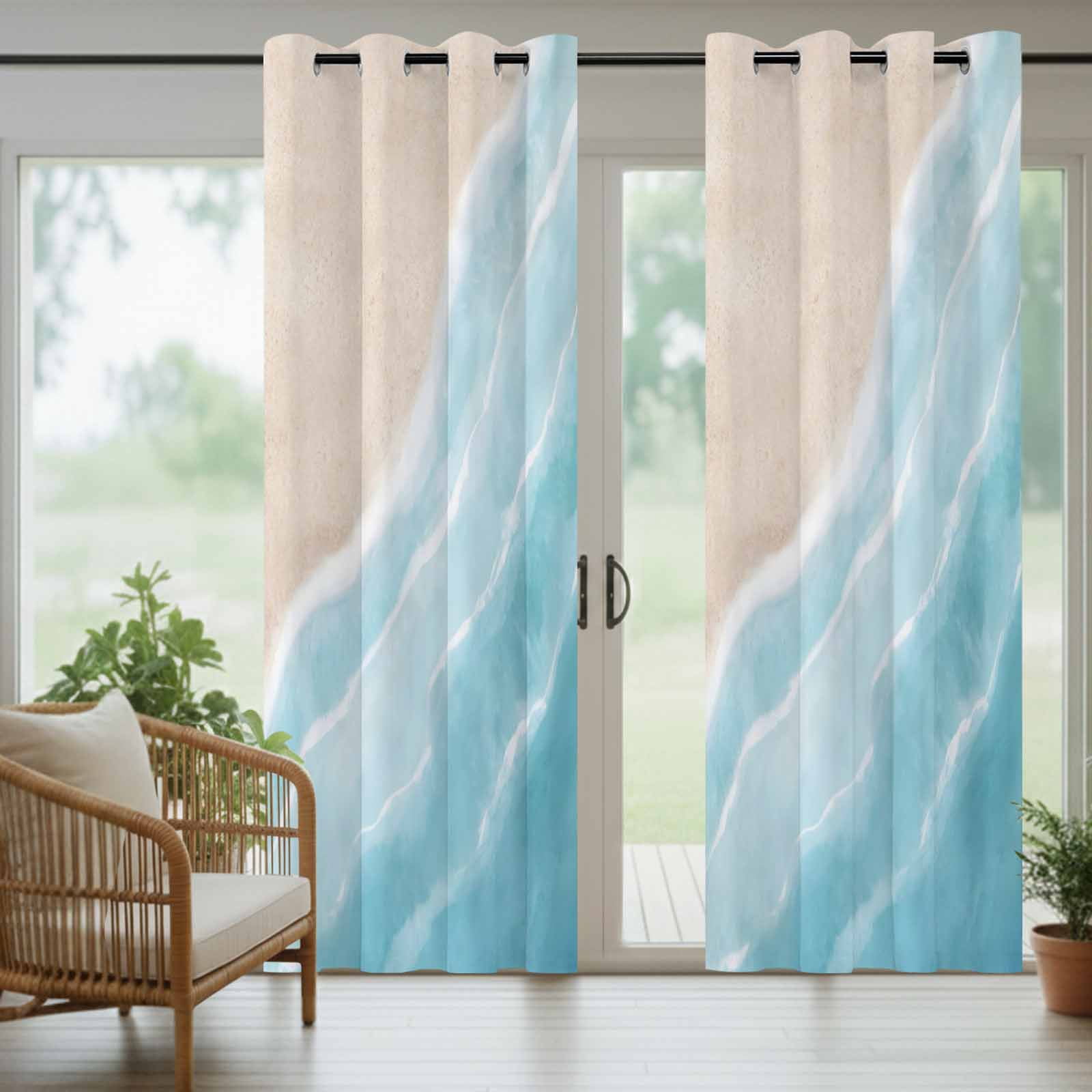 Summer Blue Beach Wave Outdoor Curtains for Patio, Coastal Nautical Watercolor Gradient Ocean Sunshade Privacy Drapes Grommet Waterproof Outside Curtains for Porch/Cabana/Balcony 54"x 108", 1 Panel