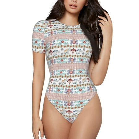 Balery Floral Elephant Women s Short Sleevee Crew Neck Bodysuit Tops Short Sleeve Tops Basic-Small