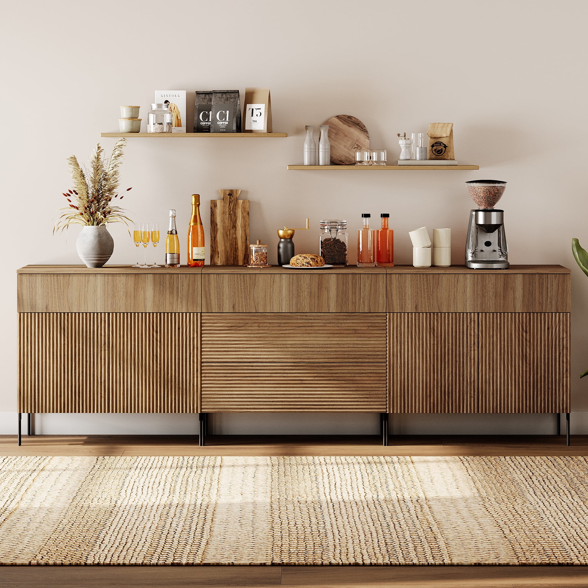 94.5" Modern Reeded Minimalist Sideboard with Doors and Drawers, 3-In-1 Wooden Credenza Storage Cabinet for Kitchen, Dining Room