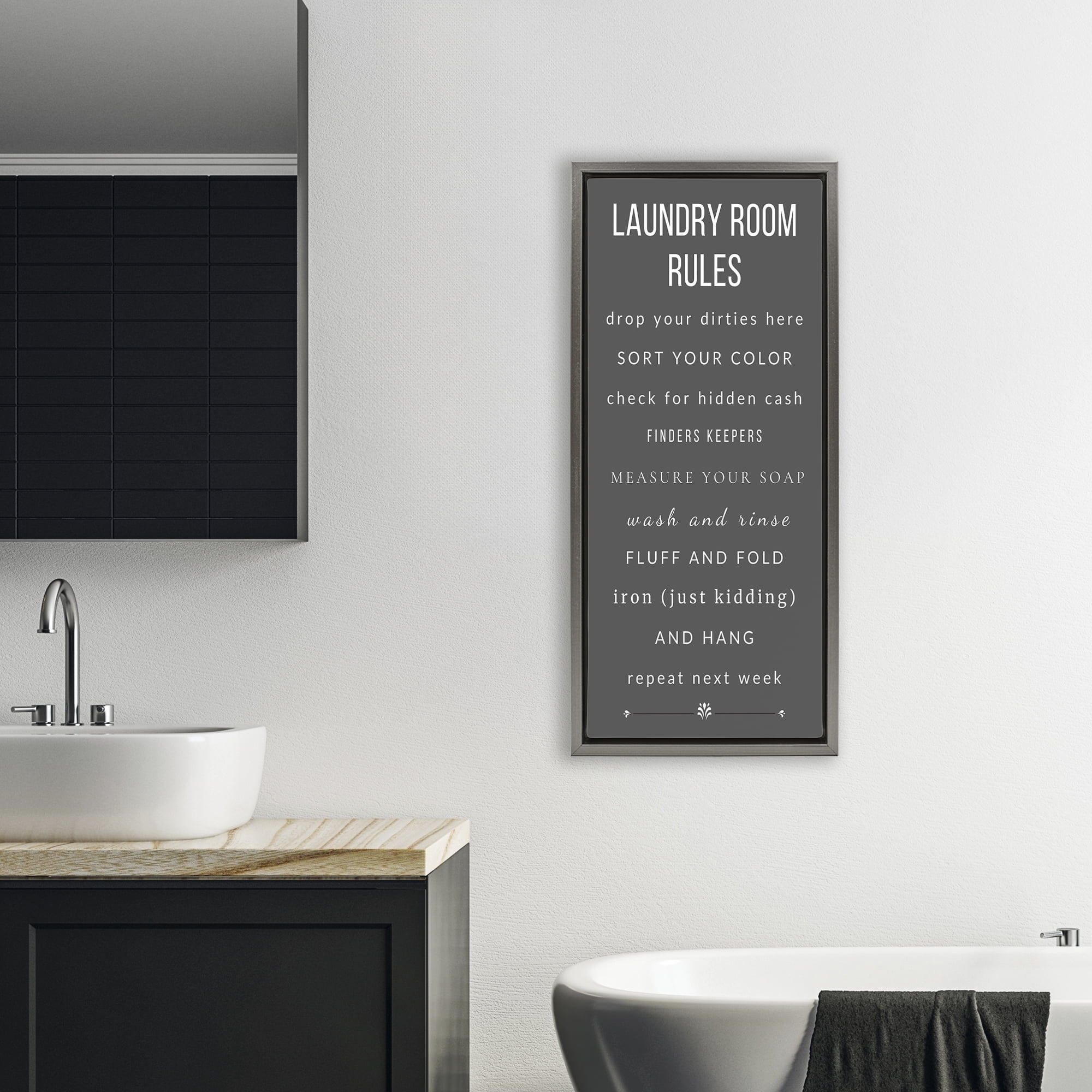 Grey Rules of Laundry Room Gray Framed Floater Canvas Wall Art, design by Julia Frost