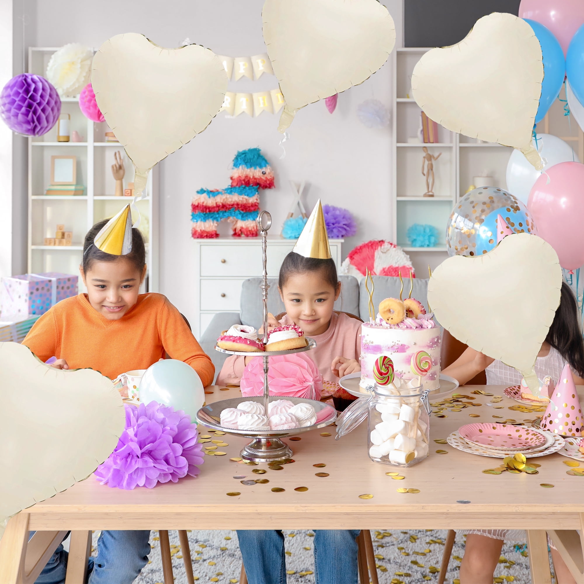 Unique Bargains 10Pcs Helium Balloons with Ribbon Heart Pattern Cream White