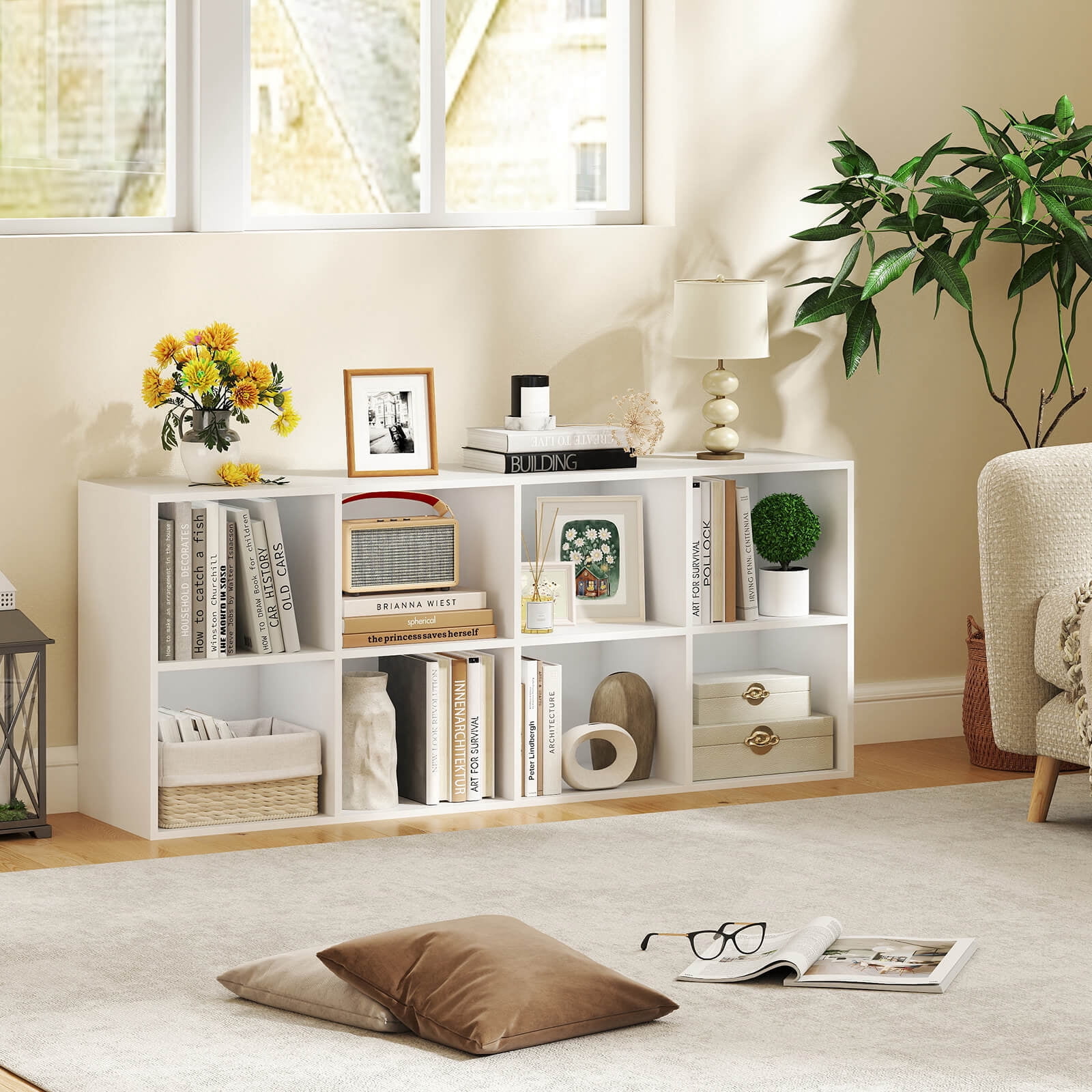 Costway 8-Cube Bookcase Bookshelf with 2 Anti-Tipping Kits Storage Organizer Rustic White