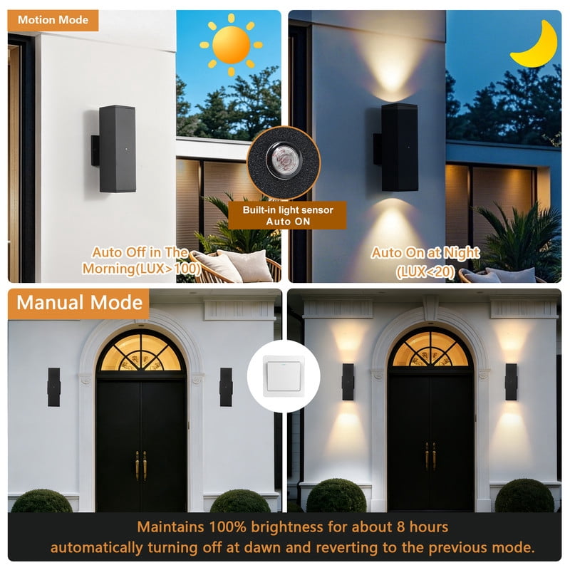 TICOZE Dusk to Dawn Modern Outdoor Wall Light Fixture, 2-Pack Black Square Exterior Lighting with Sensor, IP65 Waterproof Sconce Lights for Porch Patio Garage Front Door