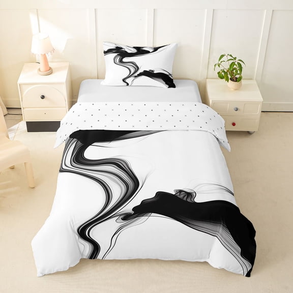 Homewish Abstract Fluid Ink Twin Duvet Cover,Contemporary Art Twin Bedding,Black,Reversible,2-Piece,1 Duvet Cover and 1 Pillowcase