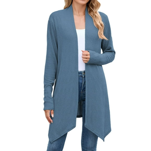 PMVFHDE Women's Daily Casual Solid Color Long Sleeve Knit Cardigan Long Length Top Blue,S
