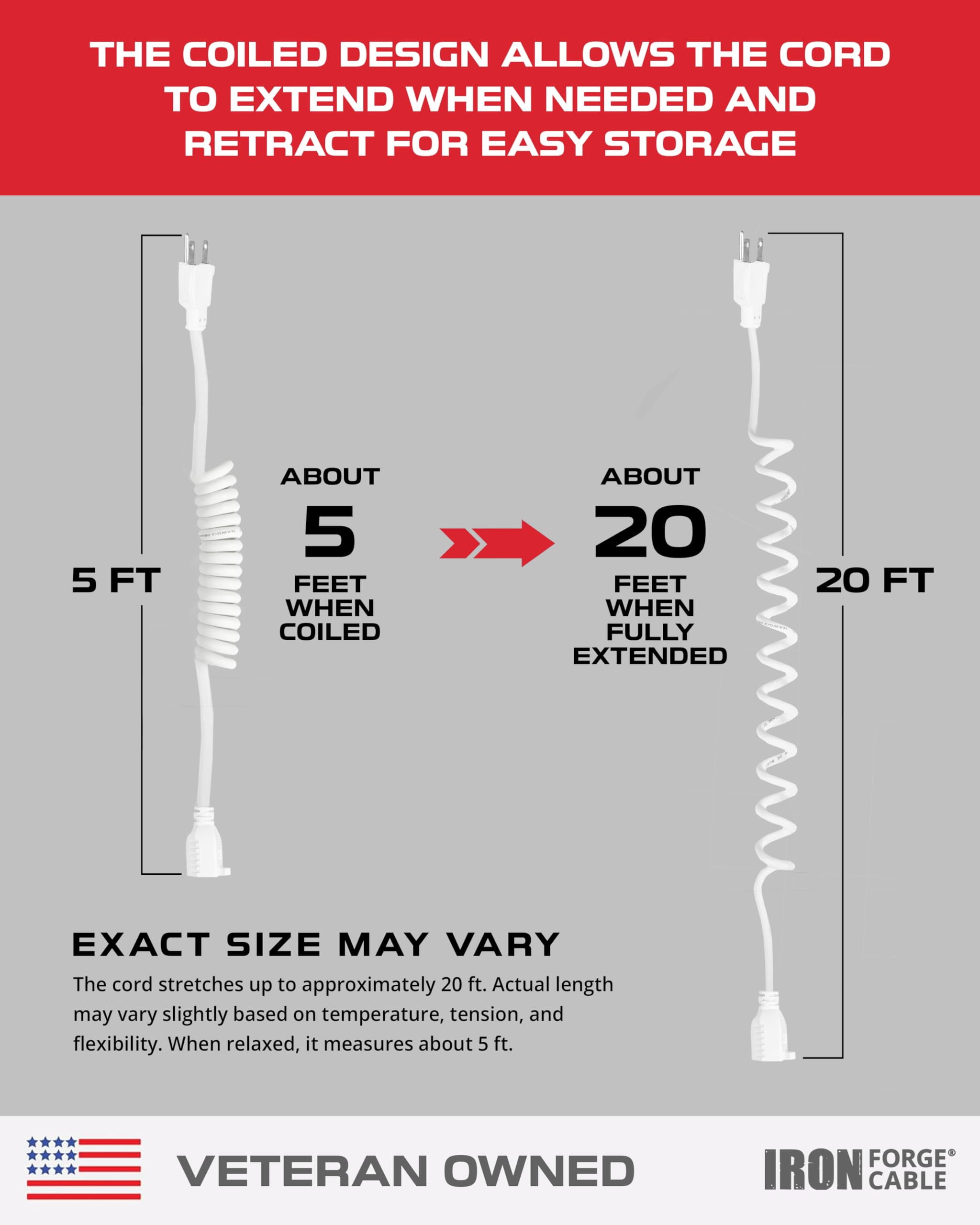 Iron Forge Cable SJEOW White Outdoor Coiled Extension Cord 20 ft,16/3, 13 Amp Oil Resistant & Flame Retardant 3 Prong Coiled Electrical Wire for Outdoor & Indoor