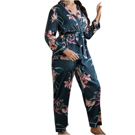 

OGLCCG Womens Silk Satin Pajamas 2 Piece Set Plus Size Long Sleeve Belted Cardigan with Wide Leg Long Pants Soft Comfy Loungewear