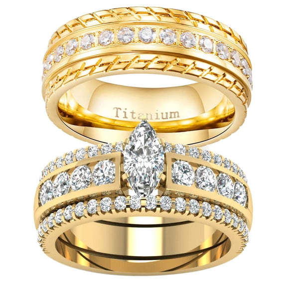 Couple Rings Matching Rings Yellow Gold Plated 1.5CT Marquise AAA CZ Women Wedding Ring Sets for Him and Her Rings Men Titanium Steel Wedding Band