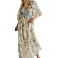 thumbnail image 1 of Faithtur Robe Bohème Florale pour Femmes Été Manches Mi-Longues Col en V Taille Froncée Robe Longue Fluide, 1 of 9
