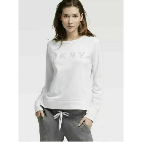 DKNY Pullover Sweatshirt in White with Silver Metallic Spellout, Size Small