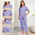 thumbnail image 5 of EA'S SECRET Pajamas for Women 100% Cotton V Neck Sleepwear Short Sleeve Top with Long Pants Loungewear with Pockets Knit (Lavender,XL), 5 of 8