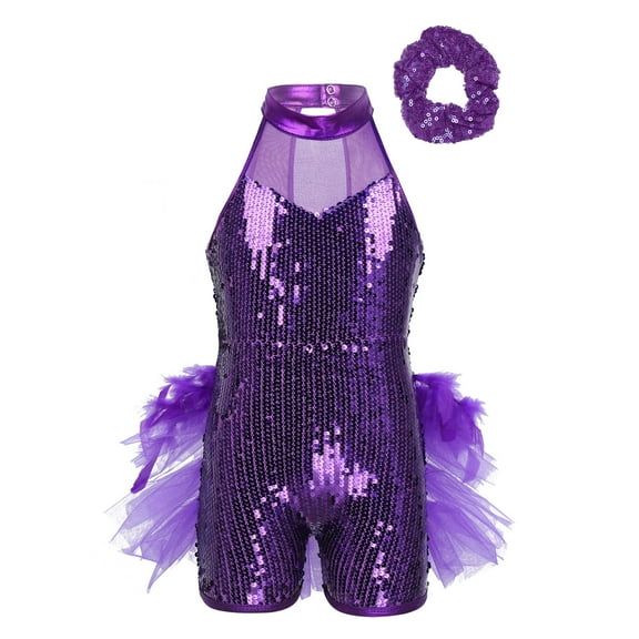Sinleey Girls Sparkle Sequins Ballet Dance Skirted Letoards Jazz Latin Modern Performance Costumes Purple 8