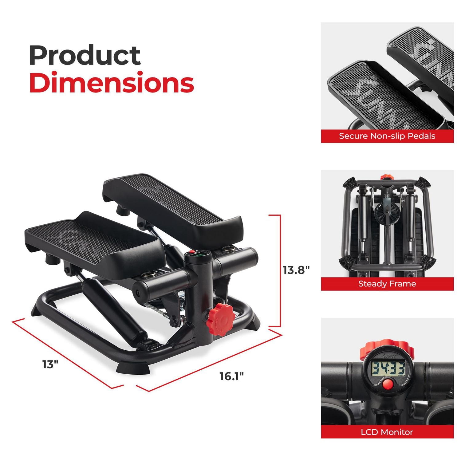 Sunny Health & Fitness Total Body Smart 2-in-1 Stepper Machine, Total Body Workout, Adjustable Hydraulic, LCD Monitor, Resistance Bands, Non-Slip Pedals with Optional Smart SunnyFit App