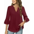thumbnail image 4 of Ladies Tops and Blouses Women's Fashion Casual Seven Point Flared Sleeve Double Chiffon Waist Solid Color V Neck Top Long Sleeve T shirt Women, 4 of 6