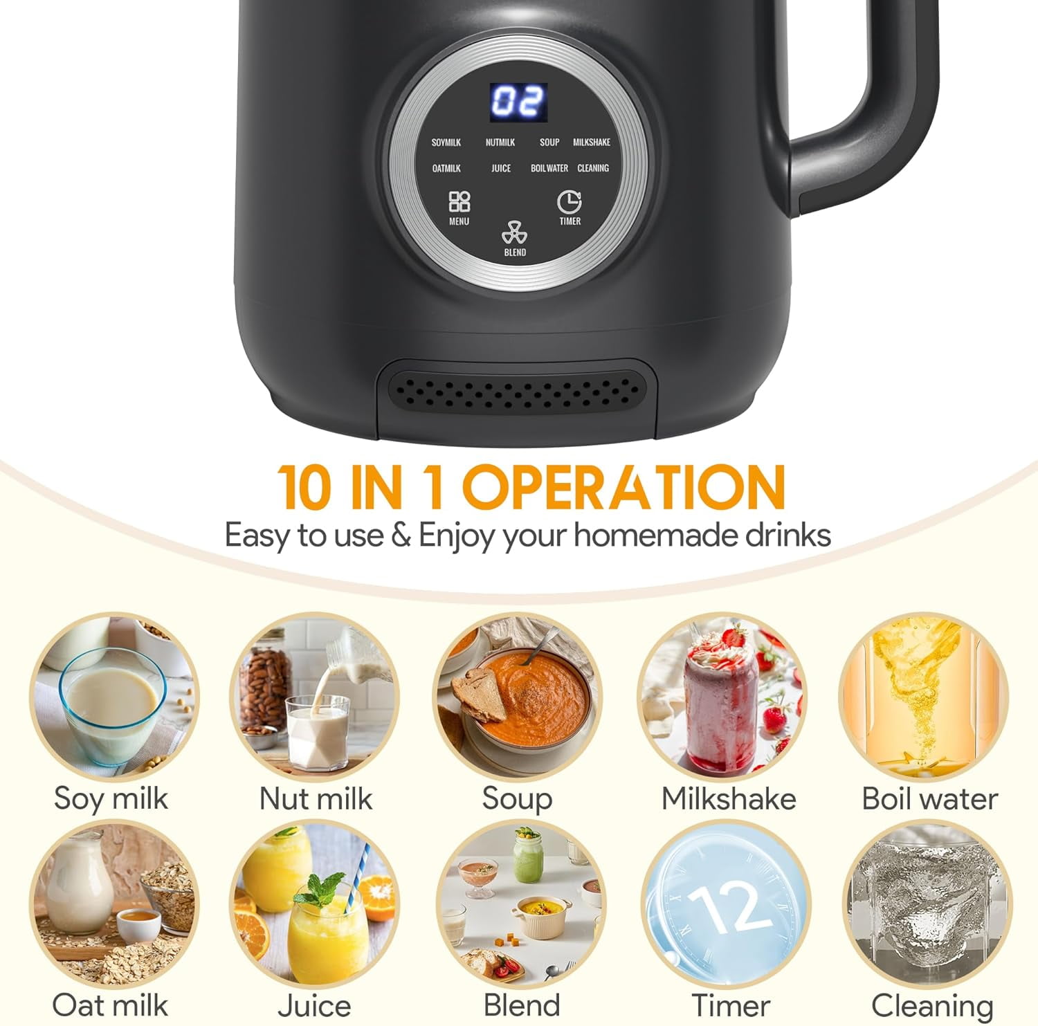 8 in 1 Nut Milk Maker Blender, 40oz Homemade Soy, Almond, Oat, Coconut, Plant Based Milks and Non Dairy Beverages, Automatic Soybean Milk Machine with Delay Start/Keep Warm/Boil Water, Black