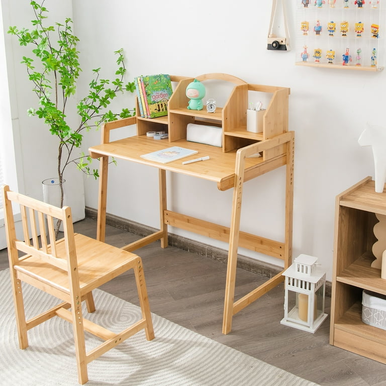 Bamboo Kids Study Desk and Chair Set with Bookshelf | Costway