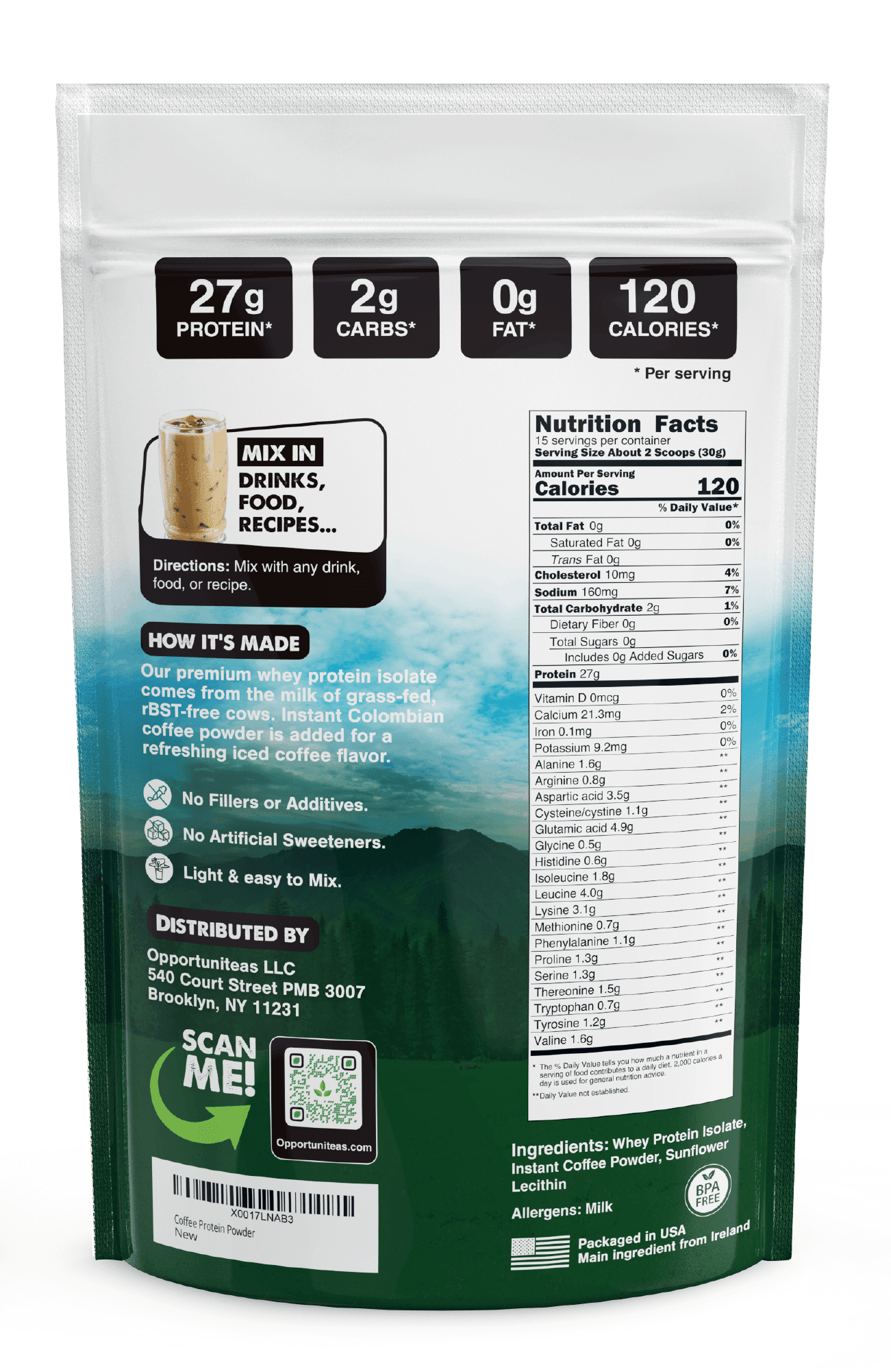 Opportuniteas - Grass Fed Whey Isolate Protein Powder, 27g Protein, Colombian Coffee, 1lb