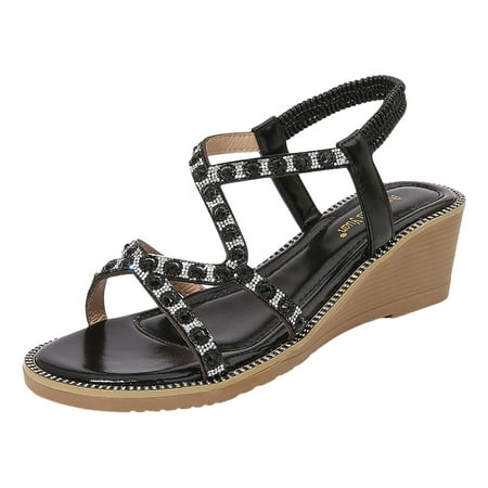 

Yzengfg Summer Rhinestone Elastic Strap Sandals Thick Sole Wedge Heel Strap Women s Shoes Womens Sandals Size 8 Wide