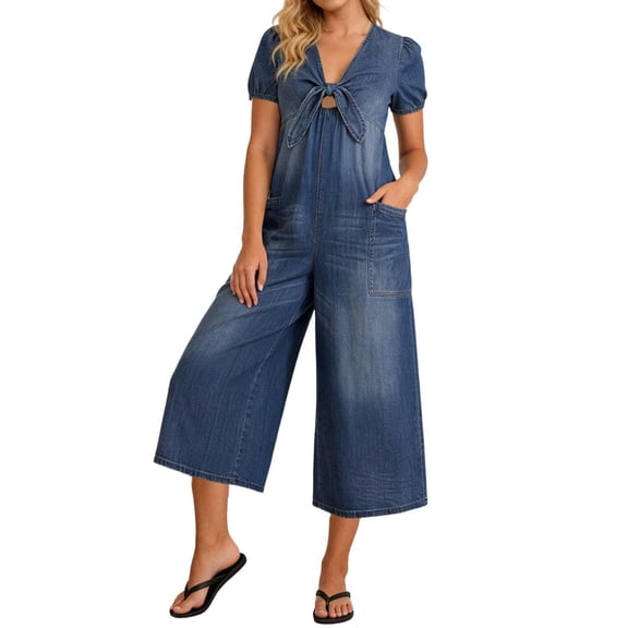 KDDYLITQ Denim Jumpsuit for Women Short Sleeve Wide Leg Rompers V Neck Front Knot Casual Lightweight Cropped Length Romper With Pockets Blue XL