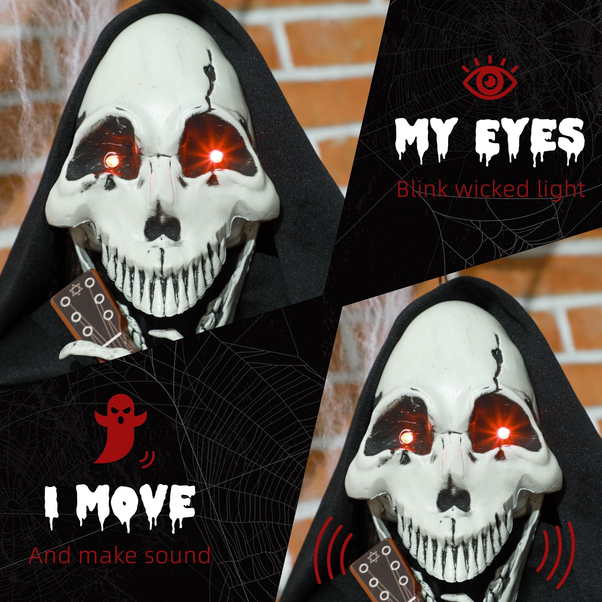 4.3FT Animated Halloween Grim Reaper Guitar Prop Sound & Motion Activated with Red Glowing Eyes