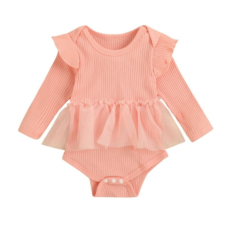 

Tretra Newborn Baby Girl Solid Ribbed Lace Skirt Long Sleeve Bodysuits One Piece Romper Jumpusuits