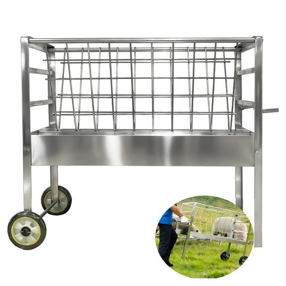 Hay Feeder with 2 Wheels,  2-in-1 Galvanized Steel Heavy-Duty Goat Feeder Cart,  80 LBS Capacity Rust-Proof Livestock Feeder for Sheep, Horses, Ponies