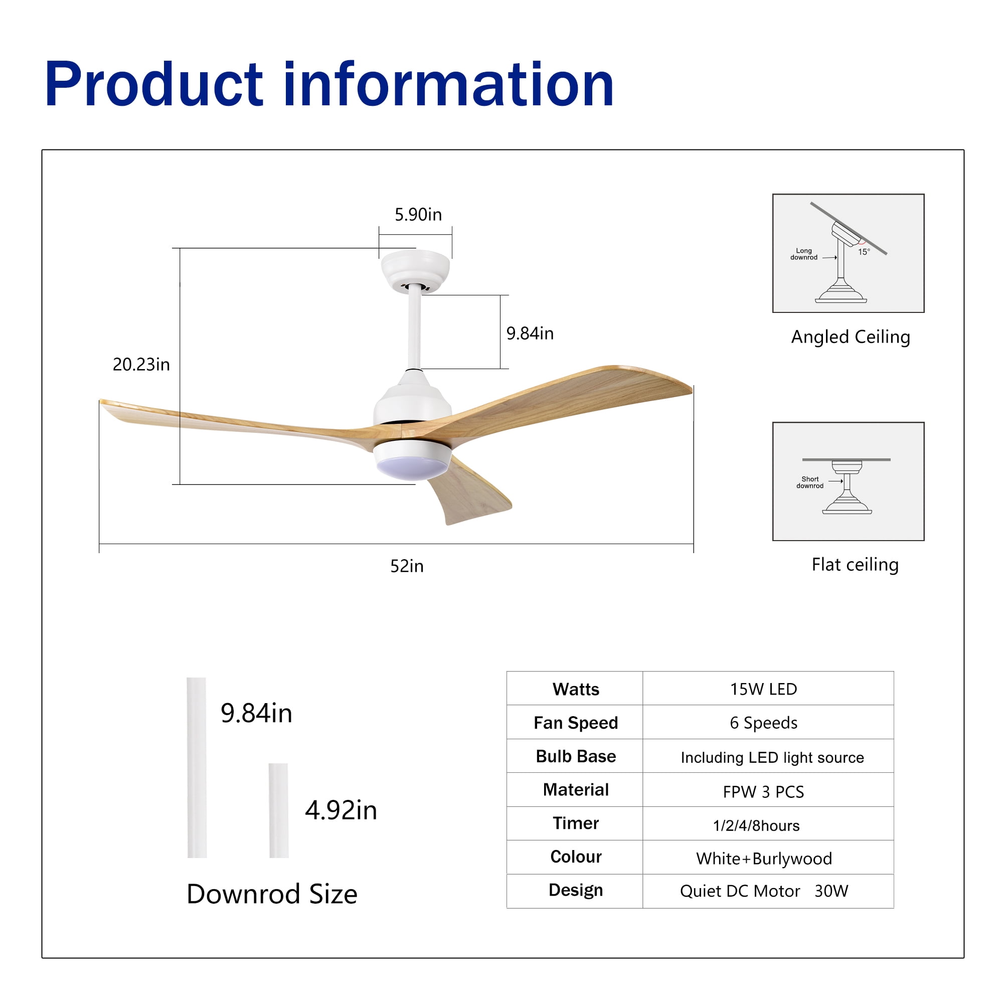 Ceiling Fan with Light, 52 Inch Solid Wood Blade Quiet Fan for Home Office Living Room, White Natural Wood