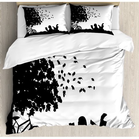 Black And White Duvet Cover Set Silhouette Of A With Bike Black And White Duvet Cover Set Silhouette Of A With Bike Reading Book Under Tree In Fall Decorative Bedding Pillow Shams