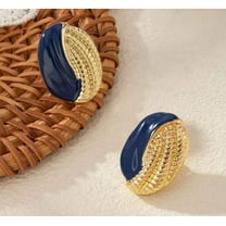 Clip on 1" gold and blue oval woven button style earrings