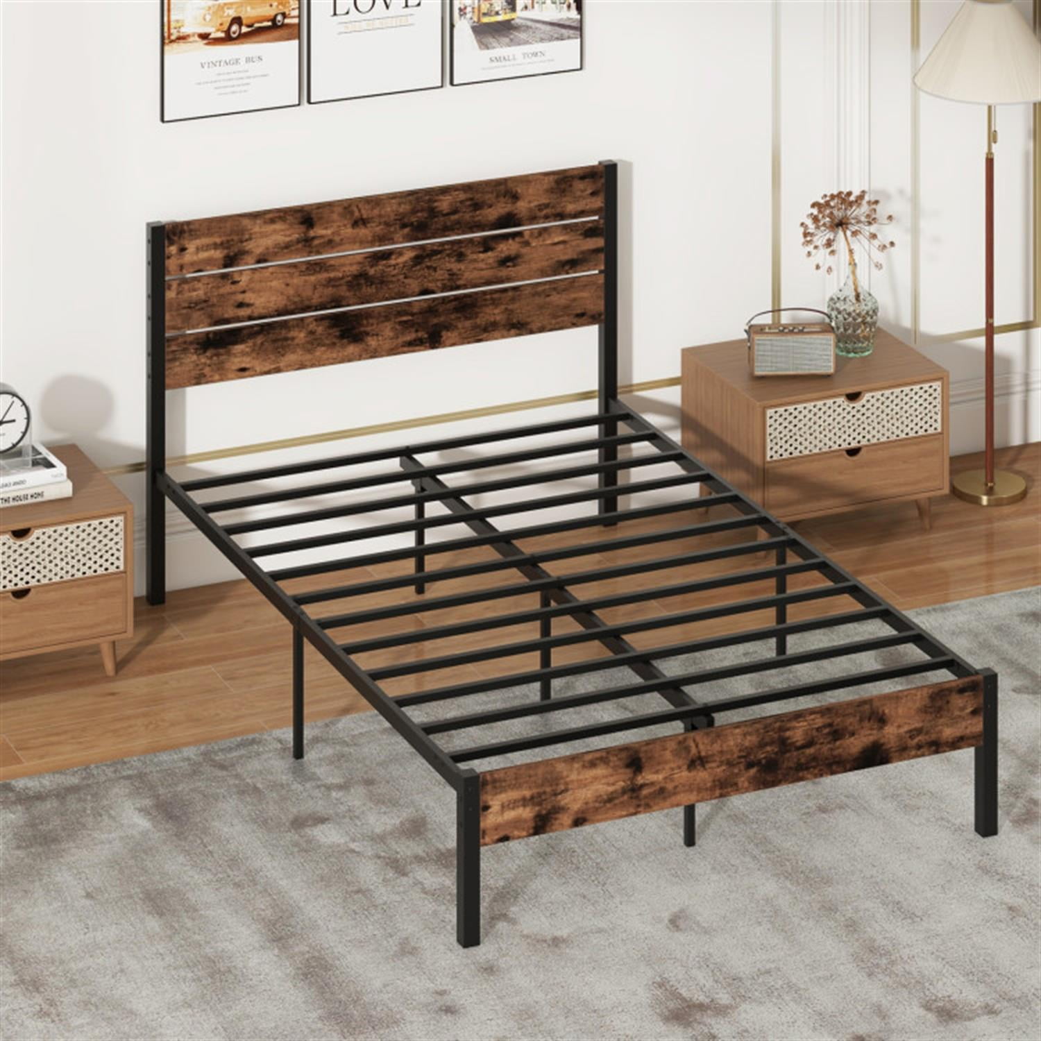 Demi Bonn Full Size Bed Frame with High Headboard and Mute Bar, Industrial Metal Platform Bed Frame with Under Bed Storage, No Box Spring Needed, Brown