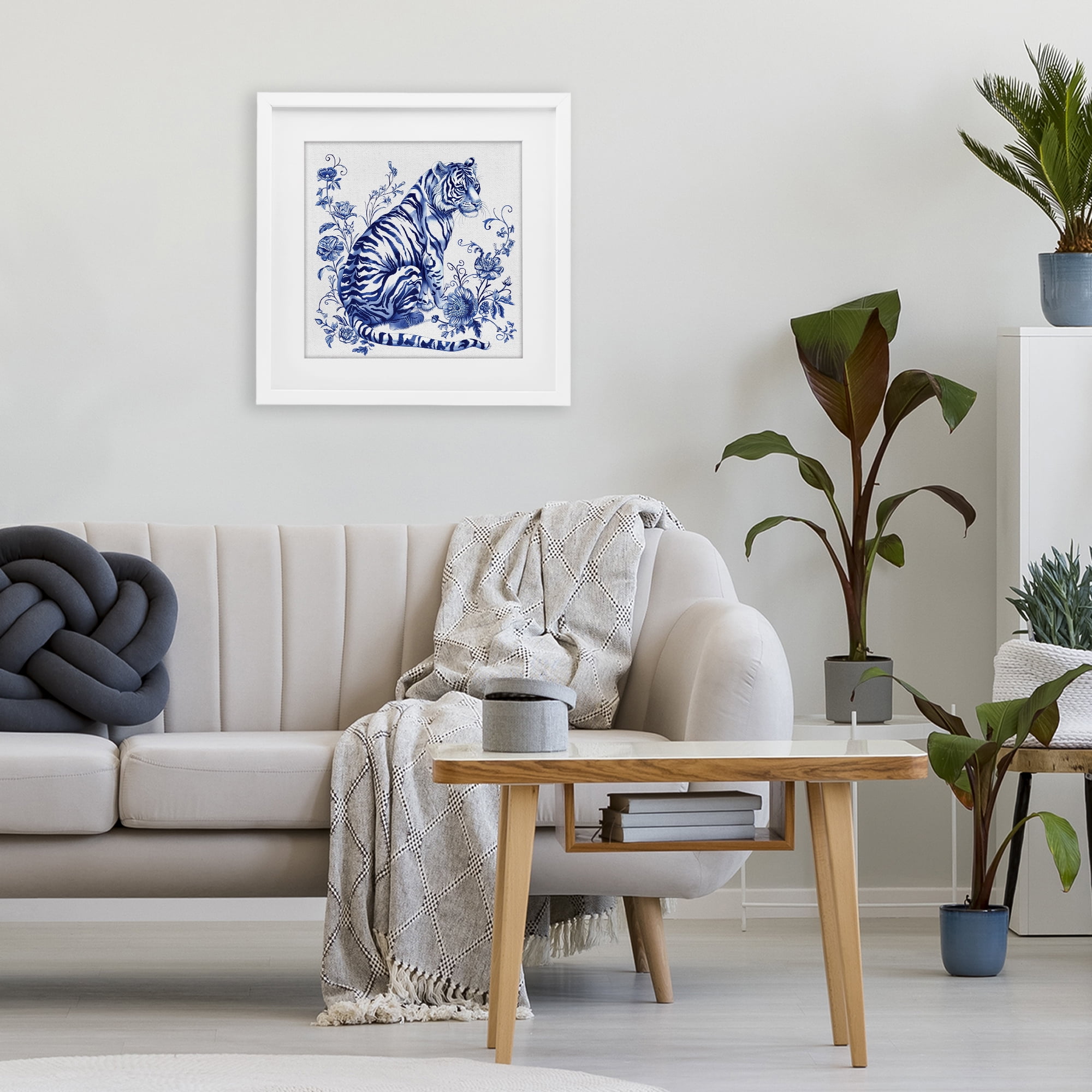 Traditional Ornate Floral Tiger White Framed Print Under Glass, design by Lettered and Lined
