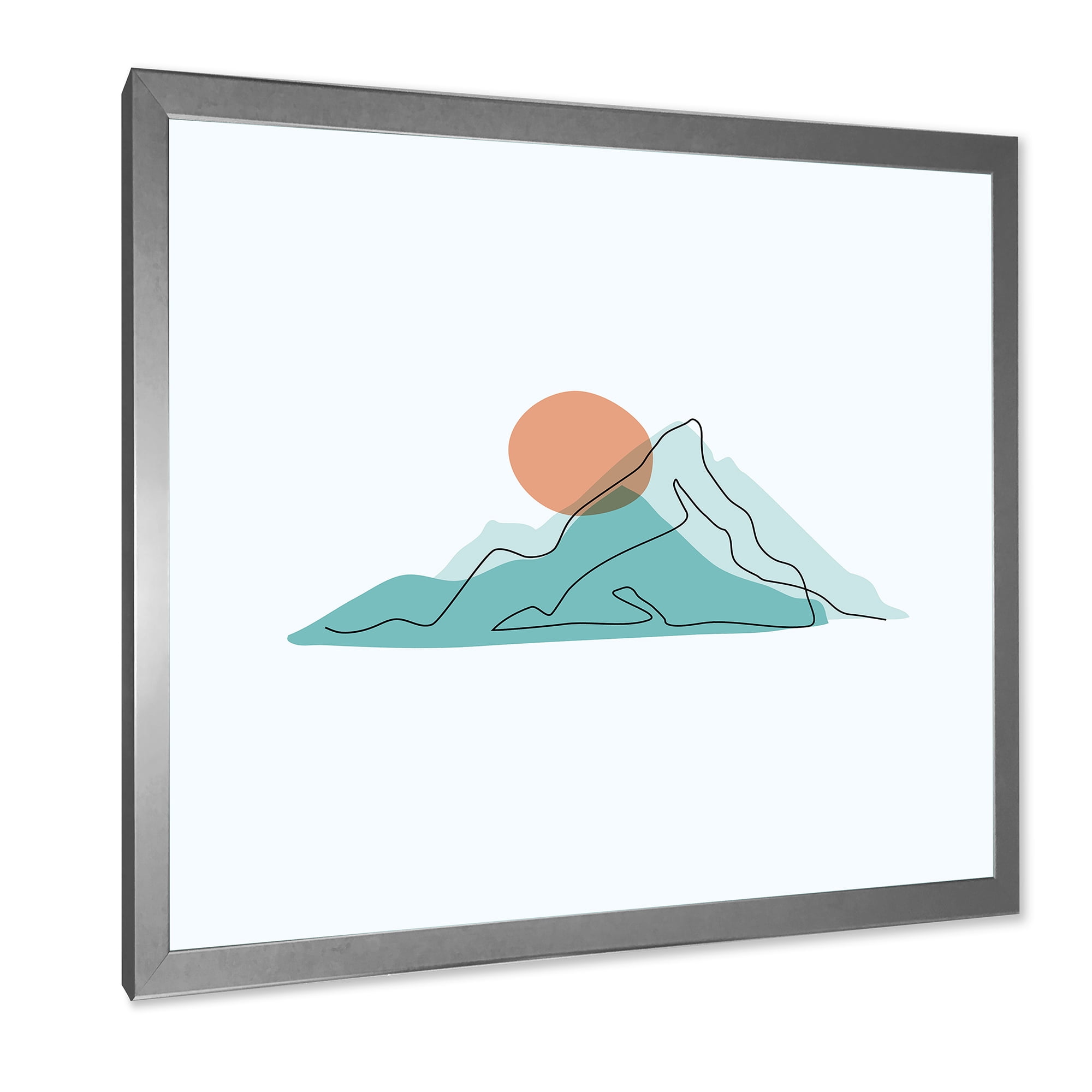 Designart 'Abstract Blue Mountains With Red Moon II' Modern Framed Art Print