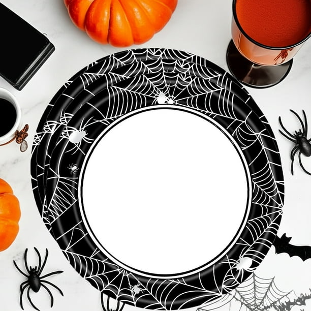 16 Platos de Papel de Halloween | Platos Desechables Multicolor | 23 X 23 Cm | Diseño de Telaraña Espeluznante | 150 G | Artículos para Fiestas de Halloween