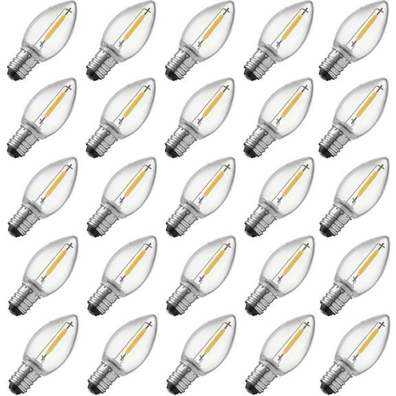 25 Pack C7 LED Replacement Light Bulb,Shatterproof,Waterproof,Plastic Led Bulbs for Christmas Indoor Outdoor String Lights,E12 Base Warm White