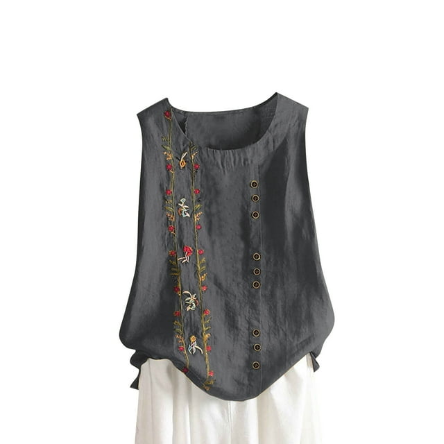 Vestidos Casuales Para Mujer, Blusas De Mujer De Moda Blusa de lino sin mangas con botones bordados para mujer, talla grande