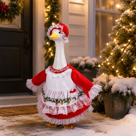 2026 Christmas Mrs.Claus Goose Outfit Set, Red White Lace Dress And Hat, 2 Pcs Classic Xmas Style for Porch Lawn Goose Statue, Holiday Garden Goose Costume