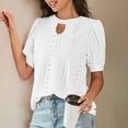 thumbnail image 5 of Scyoekwg Womens Puff Short Sleeve Tops Trendy Keyhole Neck Eyelet Shirts Hollow Out Solid Color Dressy Casual Loose Blouses (White,S), 5 of 8