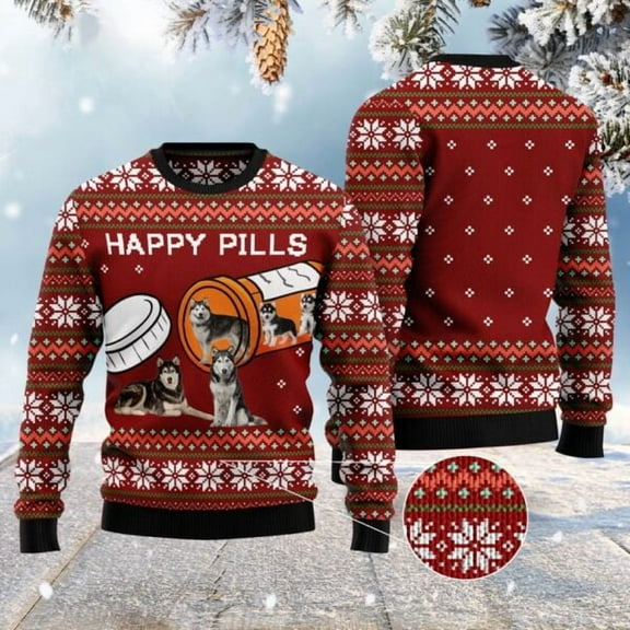Siberian Husky Happy Pills Christmas Sweater, Dog Christmas Sweater, Dog Sweaters