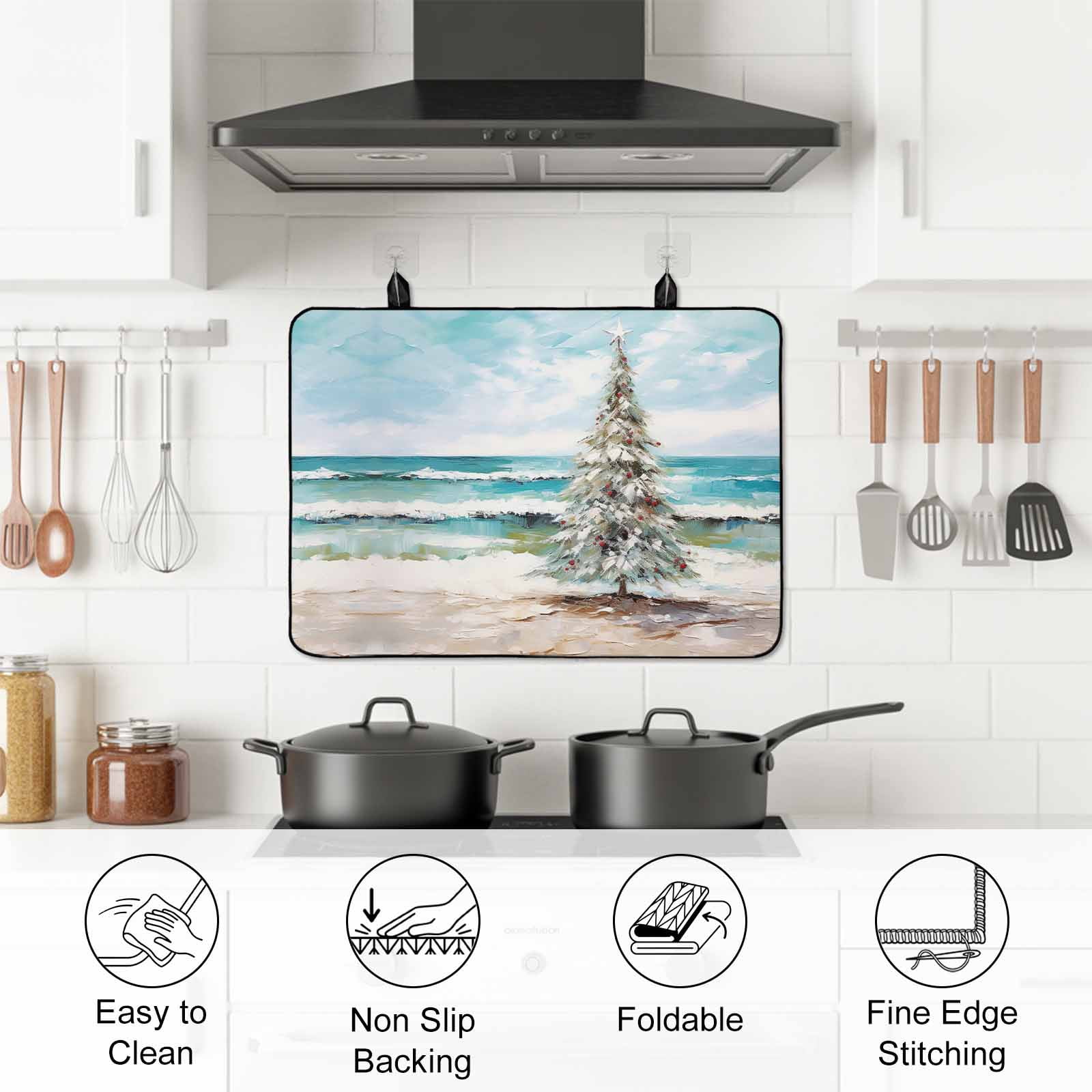 Coastal Christmas Tree Stove Top Cover for Electric Stove, Heat-proof & Non Slip Glass Top Stove Cover Protector, Modern Oil Painting Beach Xmas Tree Kitchen Flat Cooktop Rubber Mat 24x21 Inches