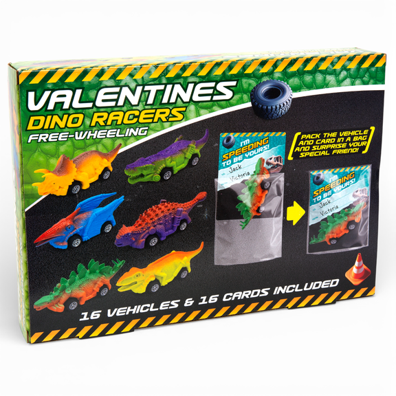 Boley Valentine Dino Racers Mini Pull-Back Race Car Toy Set with Cards & Treat Bags, 16-Piece