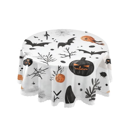 60 Inch Round Tablecloth with White Lace Trim Fall Table Cover for Elegant Dining Decor Halloween Element