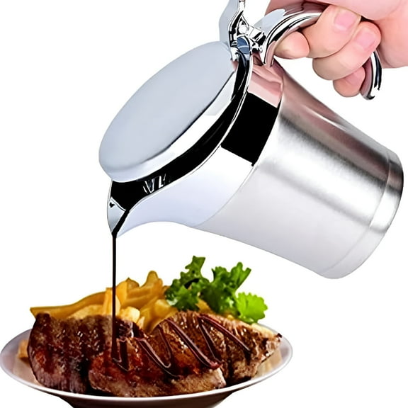 ACDANC 304 Stainless Steel Double Insulated Gravy Boat 16 oz with Hinged Lid,Sauce Jug and Steak Sauce Pot Double Walled Insulated Thermal (16 oz/450ml)