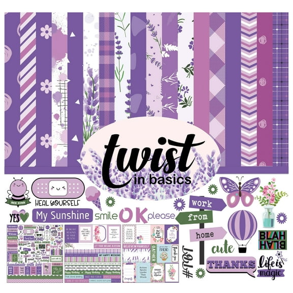 Inkdotpot Twist In Basics Collection Double,Sided Scrapbook Paper Kit Cardstock 12"x12" Card Making Paper Pack Of With Sticker Sheet - 16 Pages - Lavender & Lilacs