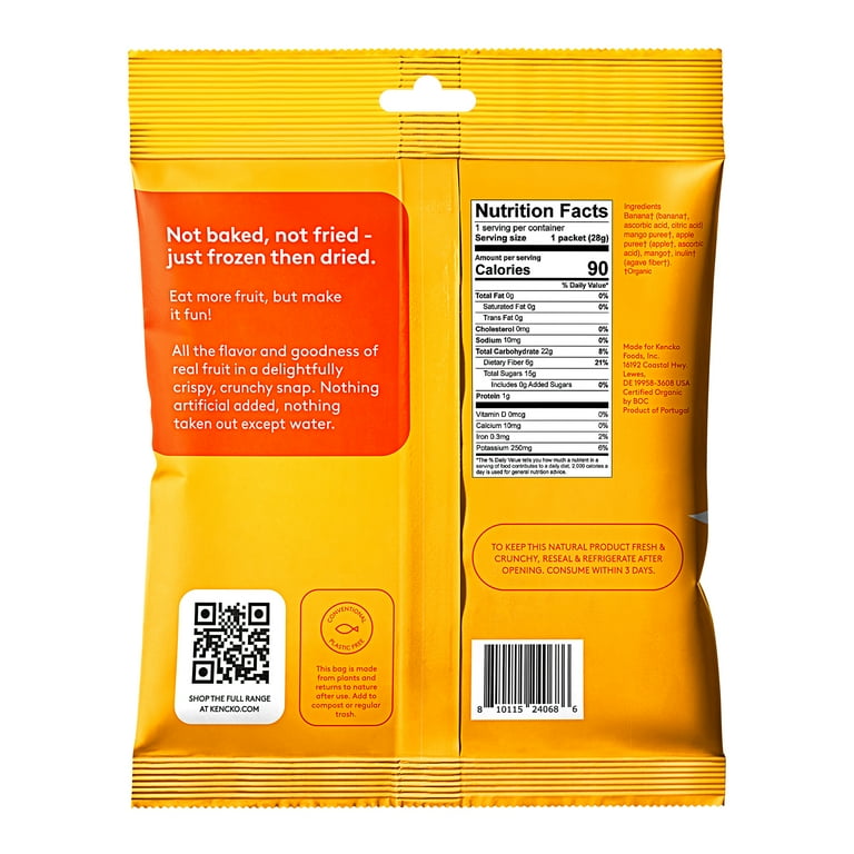 Kencko Mango Organic Fruit Snaps, Freeze Dried Fruit Snacks, 1 oz