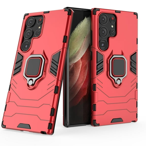 Heavy Duty Rugged Case for Samsung Galaxy S24 Ultra with Metal Ring Holder Kickstand, Military Grade Dual-Layers Hybrid Armor Shockproof Scratch Resistant Protective Phone Case, Red