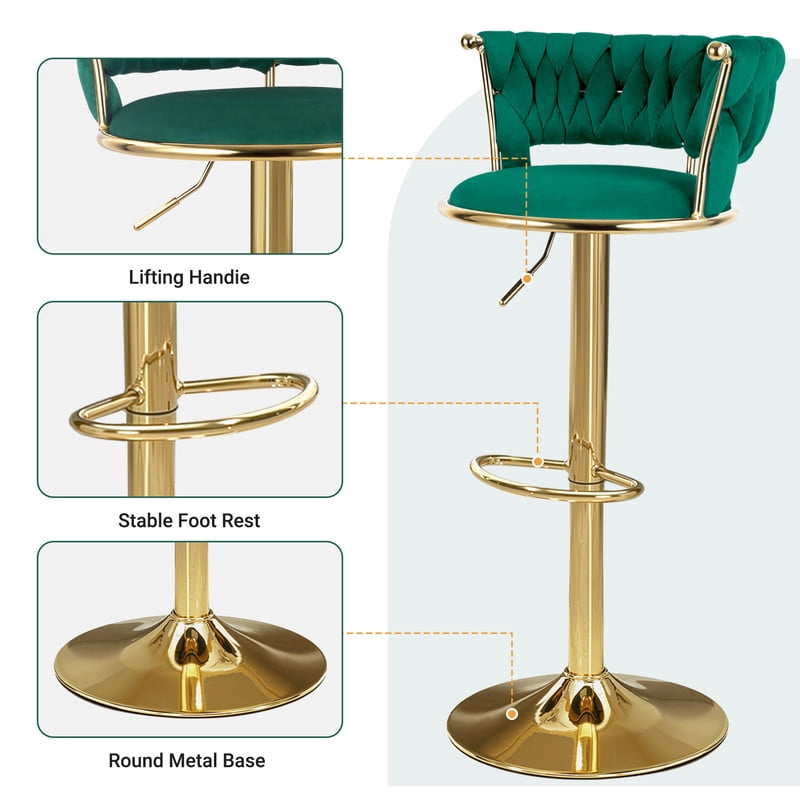 Daluvenix Velvet Bar Stools Set of 2, Counter Height Barstools with Low Back, Gold 360° Swivel Bar Stool ,Counter Height Bar Chairs for Kitchen Island, Pub, Green