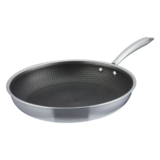 Mainstays 12-inch stainless steel skillet featuring a honeycomb-clad non-stick cooking surface and sturdy metal handle.